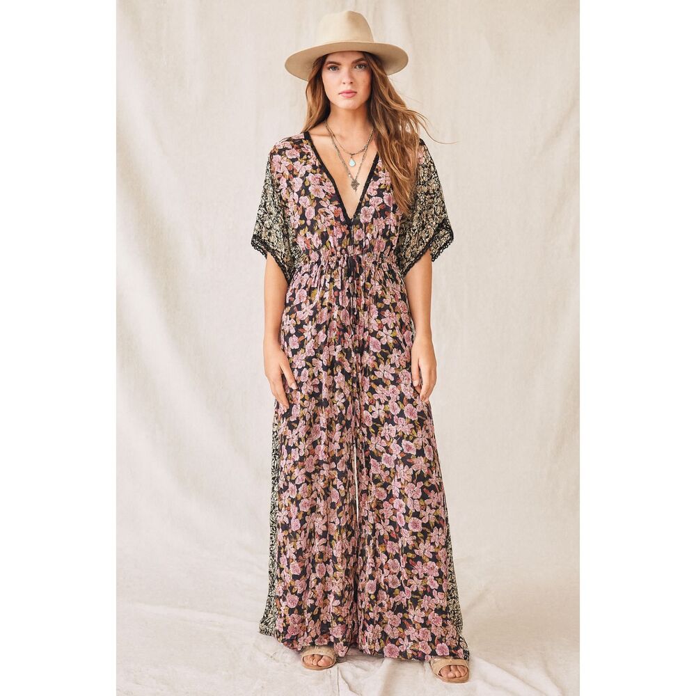 Johnny Was JADE Floral Rayon Boho Hippie Malibu Jumpsuit   Women's Size Small